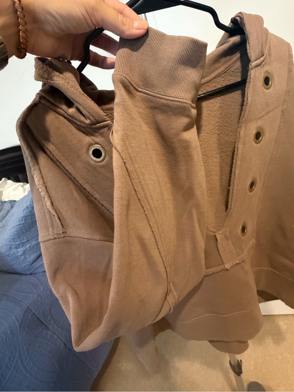 Women's Brown V-Neck Hooded Sweatshirt with Grommet Detail - Picture 4 of 5